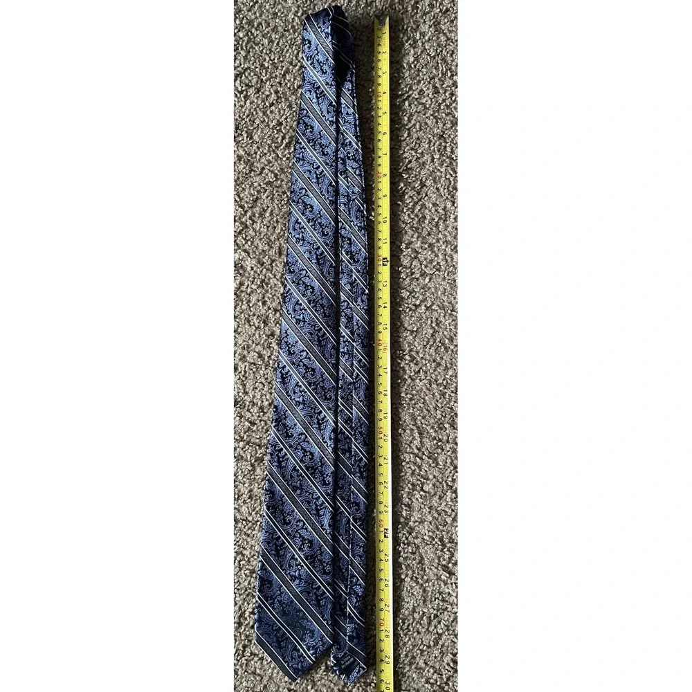 Pronto Uomo Neckwear Tie Blue Silver Paisley Striped Pattern 100% Silk JBHS